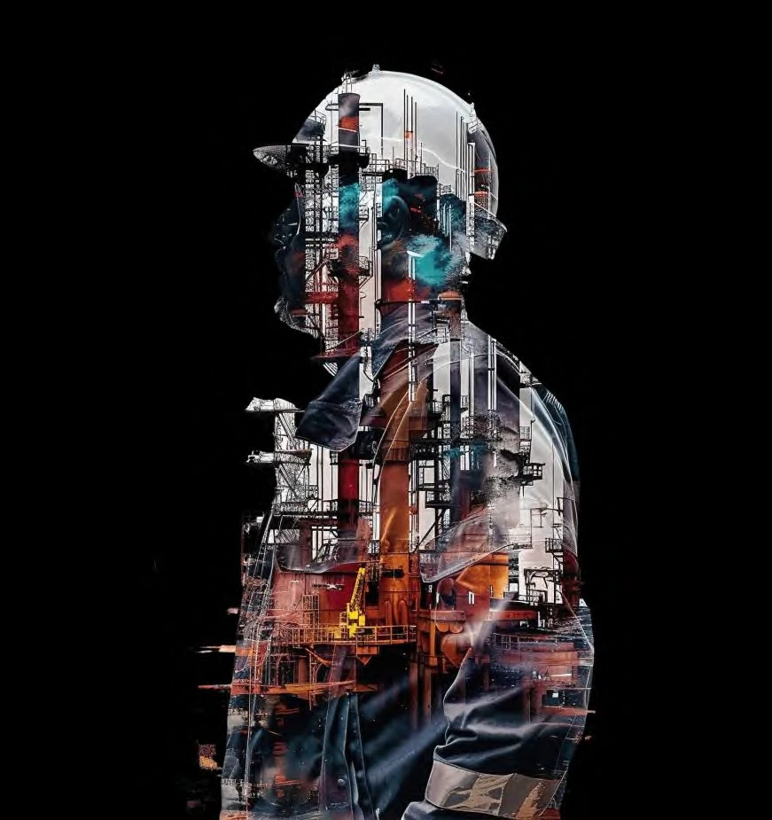 Layered human form rendered with complex technical systems