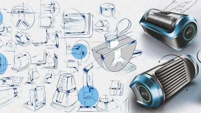 Product sketches and rendered industrial forms from the supplied business plan