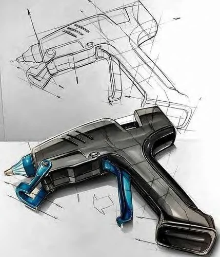 Product design sketch and cutaway handheld device visualization